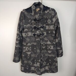Paris Blues Wool Blend Aztec Tribal Hooded Peacoat Jacket Womens Sz L Grey Black